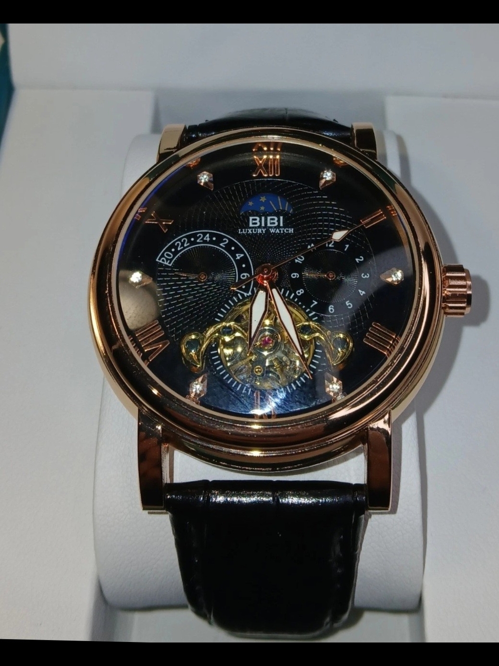 ​BiBi Luxury Automatic Mens Watch Rose Gold Skeleton Open Heart Black Leather...